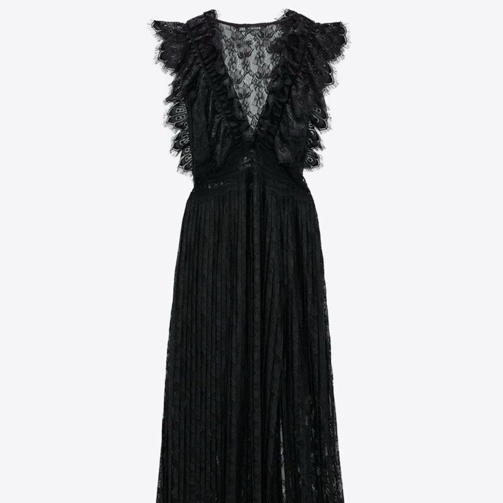 Zara Black Lace Ruffle V-Neck Maxi Gown
